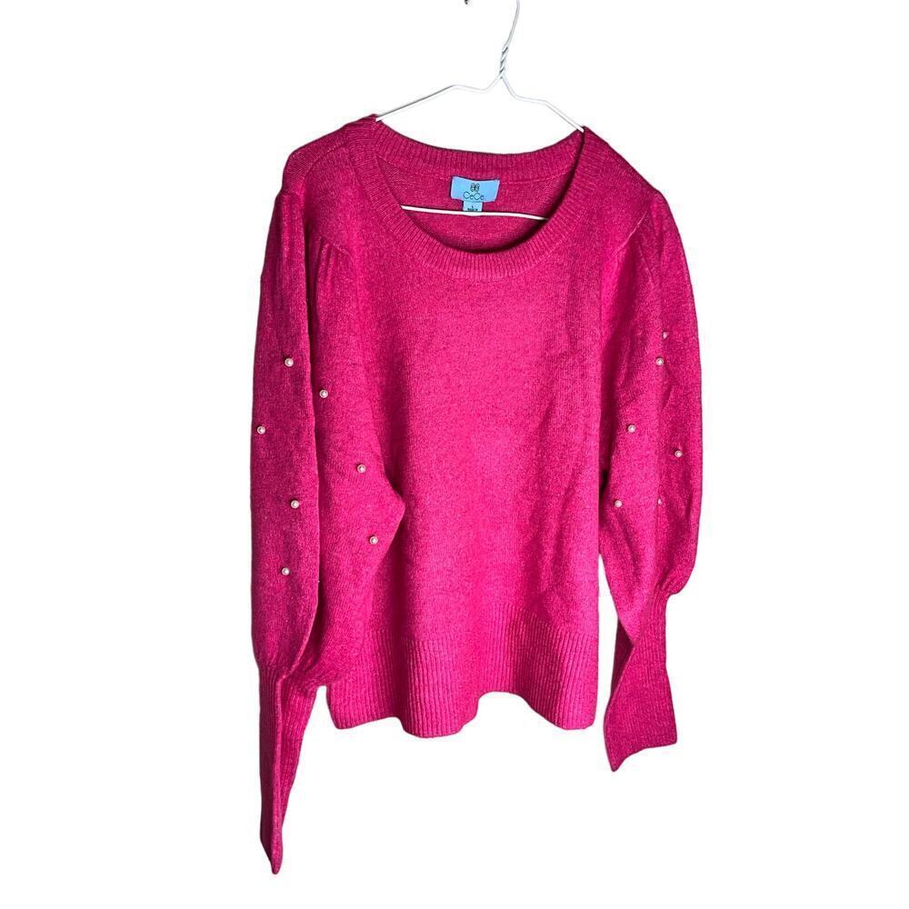 Vince Camuto Sweater Faux Pearls Long Sleeves Puff Sleeves Pink Womens Large NWT